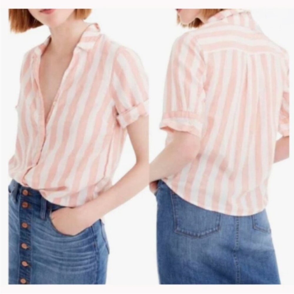 J. Crew Women’s Pinkish Peach Striped Button-Down V-neckline Shirt Xsmall